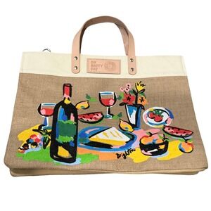 Brighton Picnic East West Burlap Wine Fruit Tote Beach Bag No Crossbody Strap